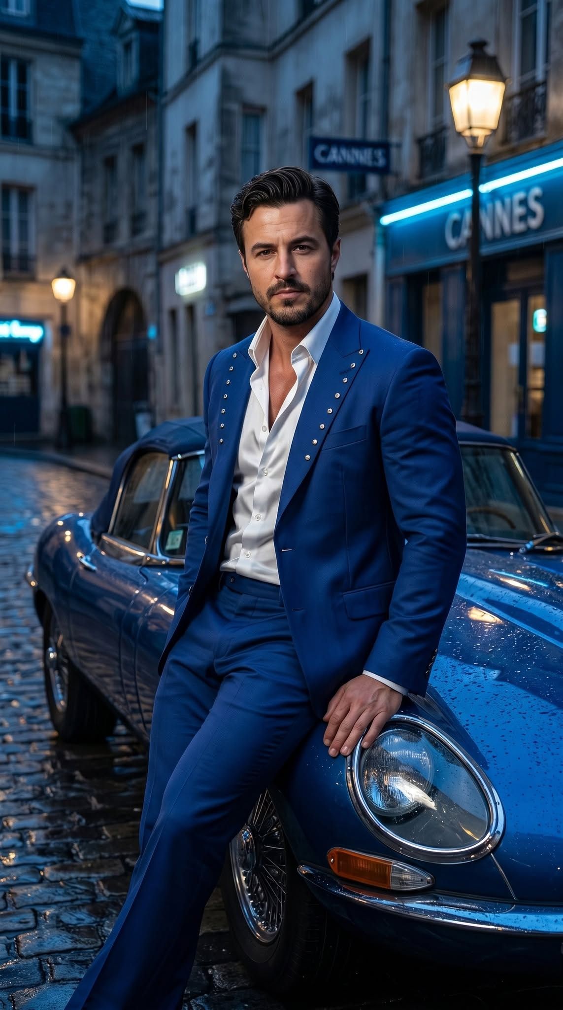Elegant Night Portrait with Vintage Jaguar