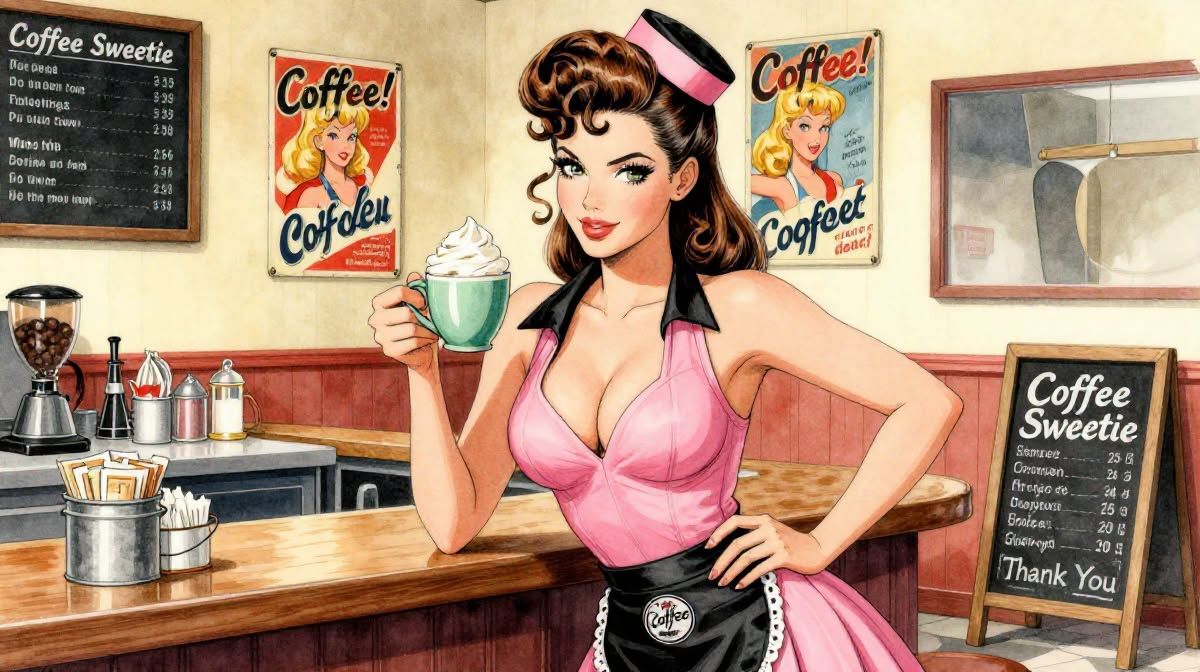 Retro Japanese Cafe Waitress Illustration