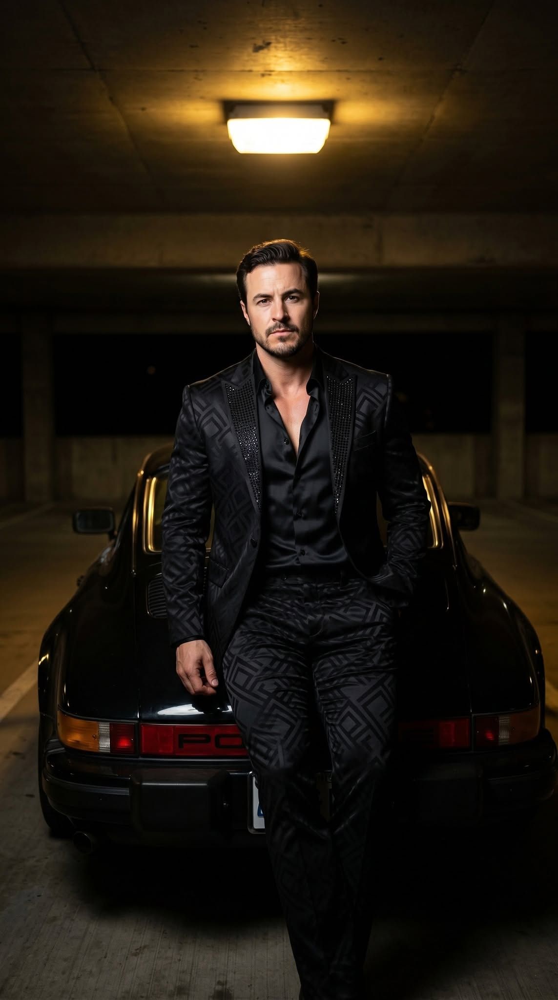 Dramatic Portrait of Man with Vintage Porsche