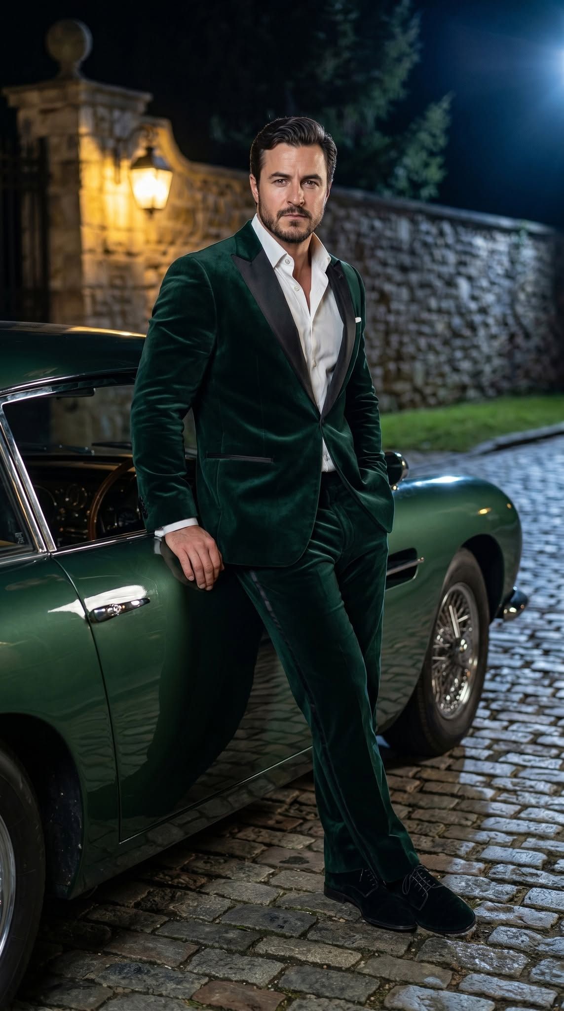 Handsome Man in Velvet Suit by Aston Martin