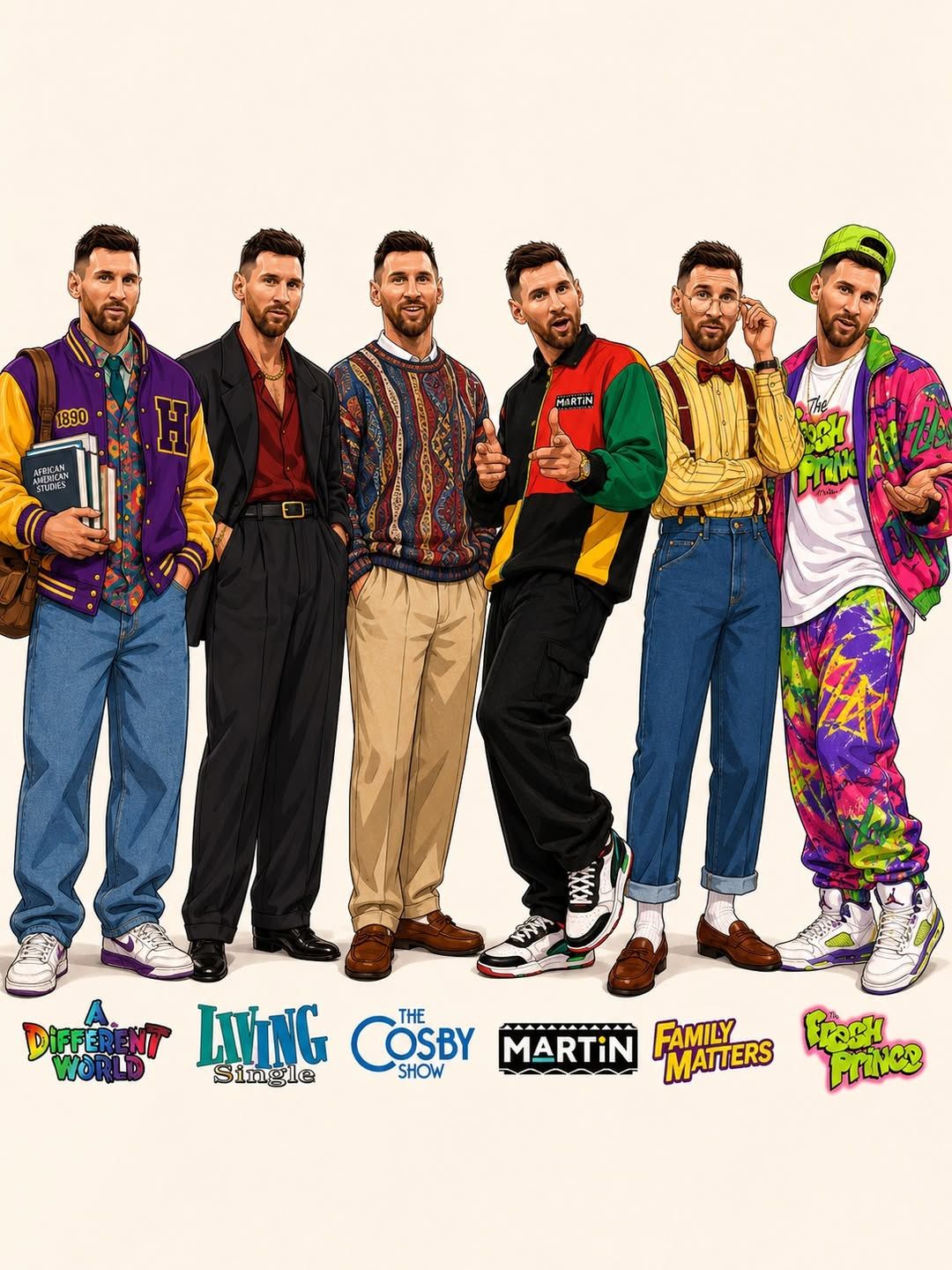 Iconic Sitcom Character Lineup in Cartoon Style