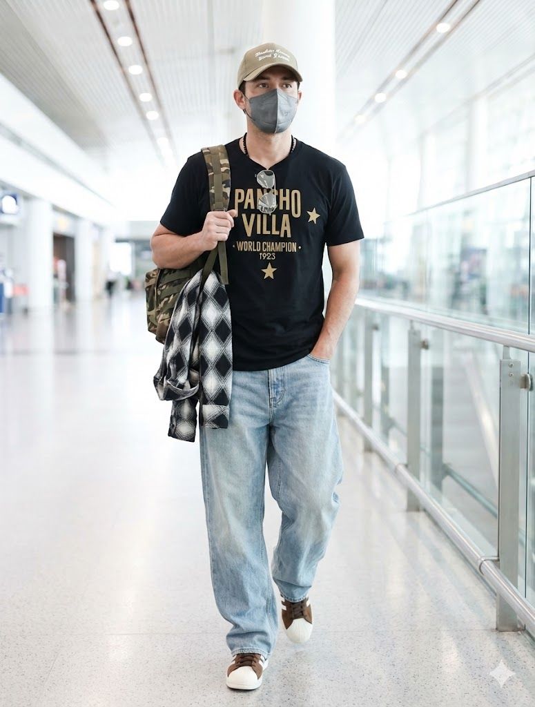Casual Man Walking in Bright Airport Setting