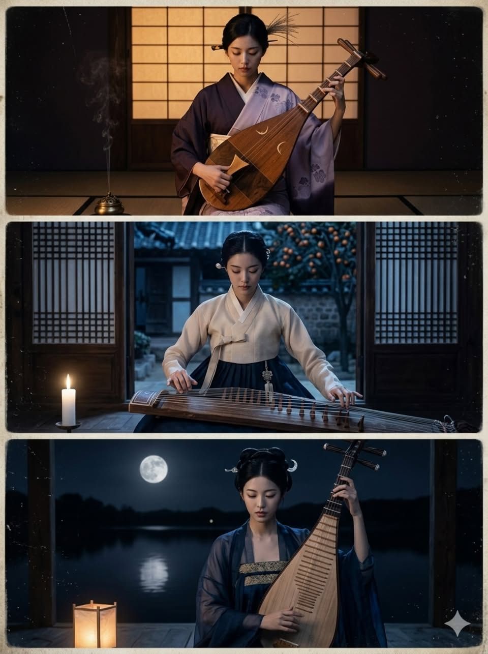 Cinematic Triptych of Asian Musical Scenes