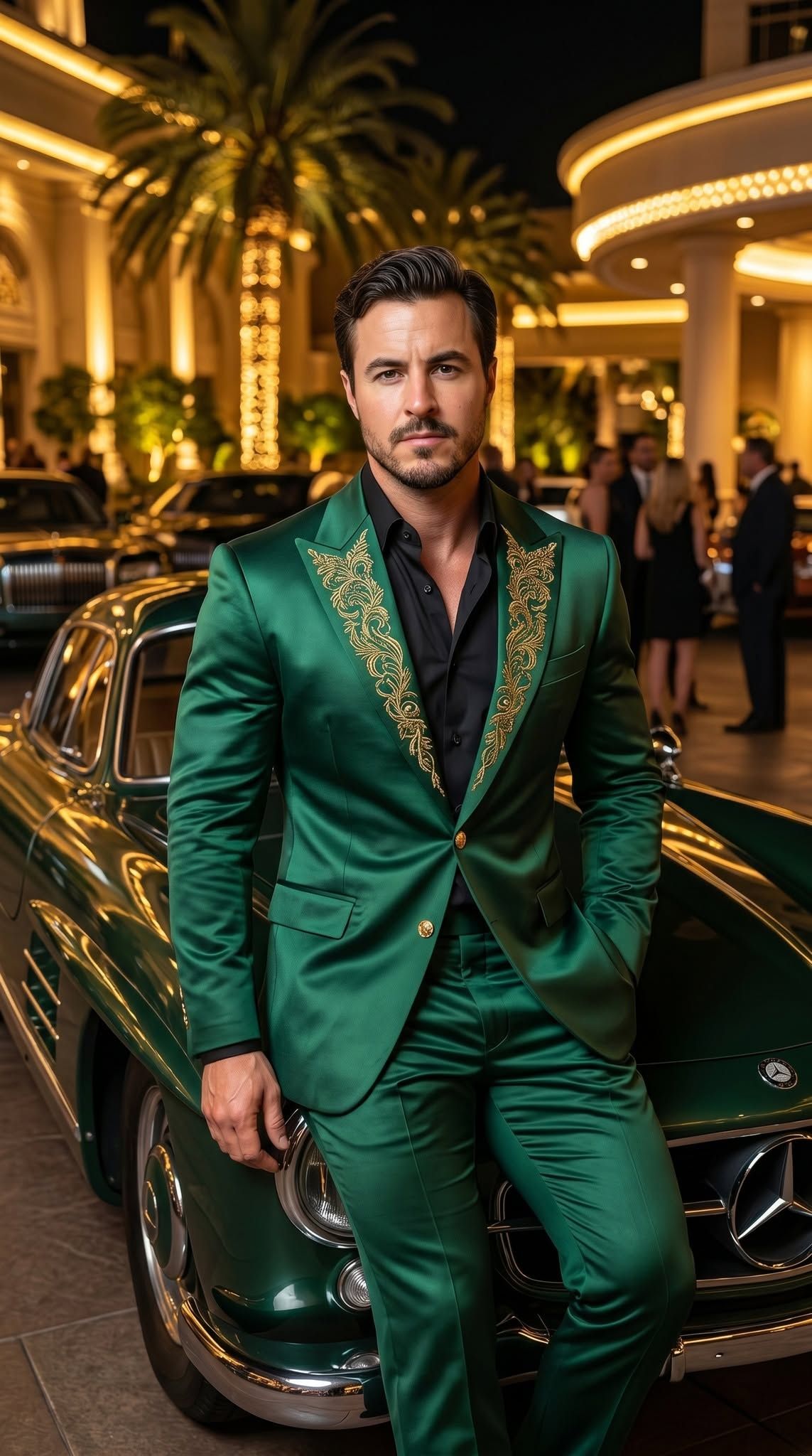 Elegant Man in Emerald Suit by Vintage Mercedes