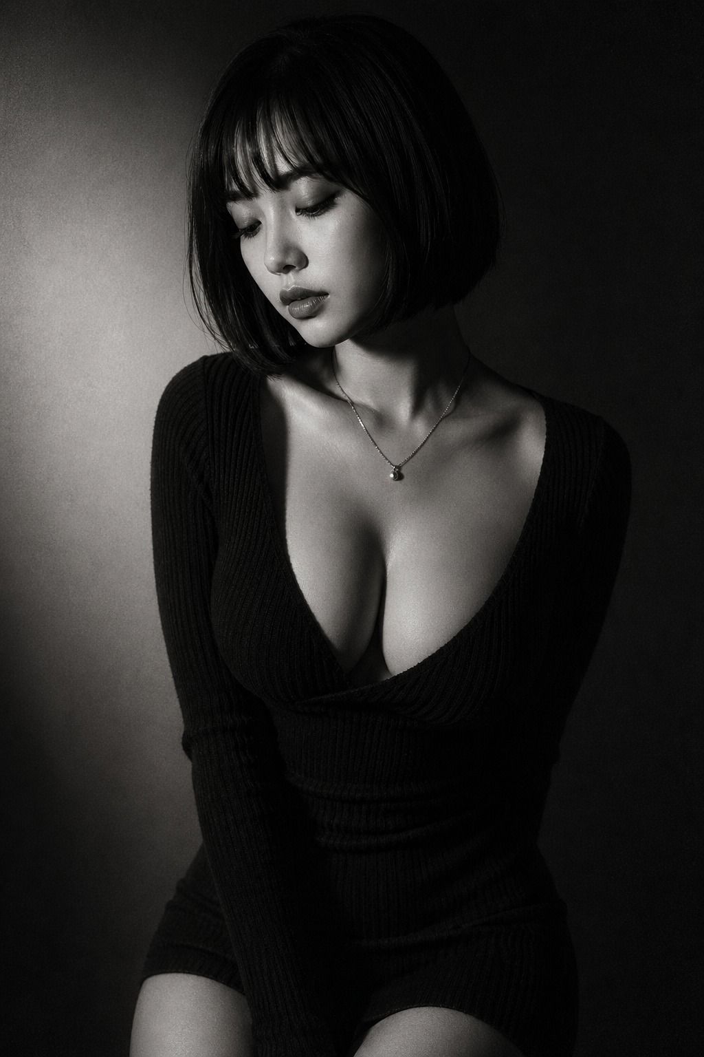 Elegant Black-and-White Portrait of Asian Woman