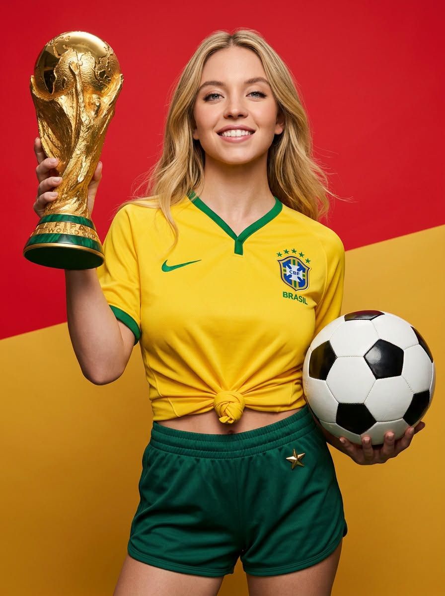 Cheerful Woman with Soccer Trophy in Studio