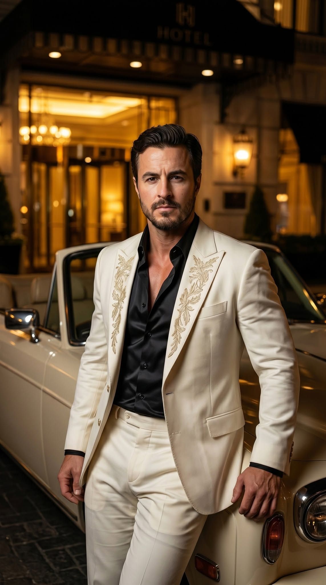 Elegant Man by Vintage Rolls-Royce at Night